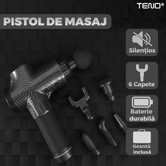 Aparat Profesional pentru Masaj tip Pistol Teno®, 30 viteze, motor silentios fara perii, 3200 percutii, sistem racire, 2500mAh, 6 capete, incarcare rapida, geanta pentru depozitare, negru