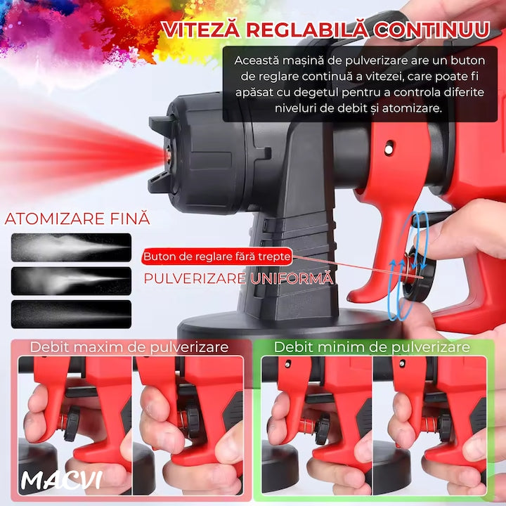 Pistol vopsit electric Macvi® 500W rezervor 800ml, rosu, viteza reglabila 32000rpm, 3 moduri de pulverizare, pulverizare fina, duze interschimbabile pentru interior tavan gard lac lemn metal