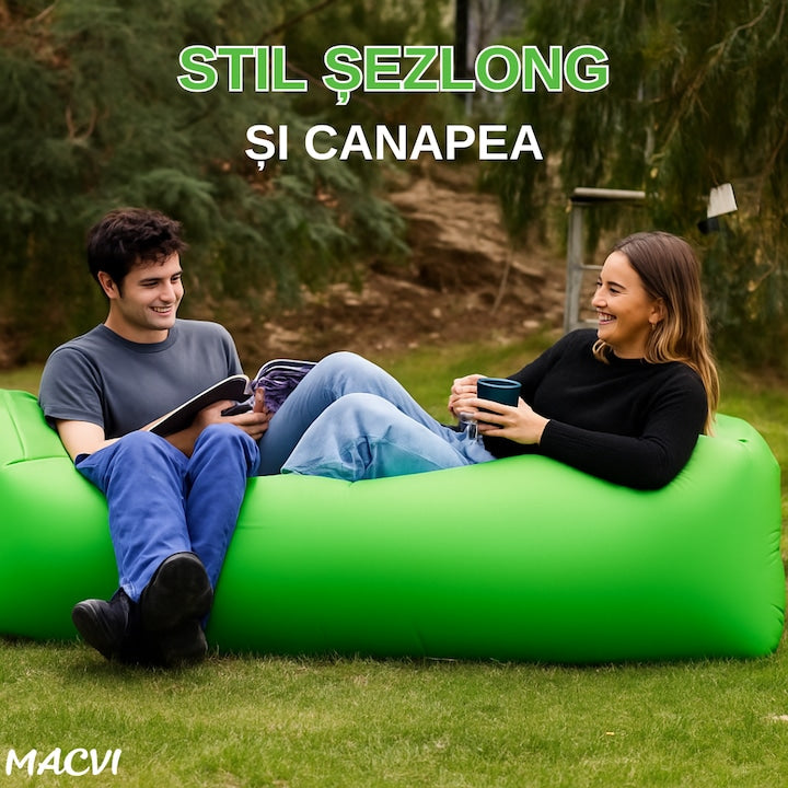 Saltea gonflabila tip sezlong Lazybag Macvi®, material rezistent, umflare fara pompa, pentru plaja/picnic/camping, rucsac de depozitare, 190 x 70 cm, verde