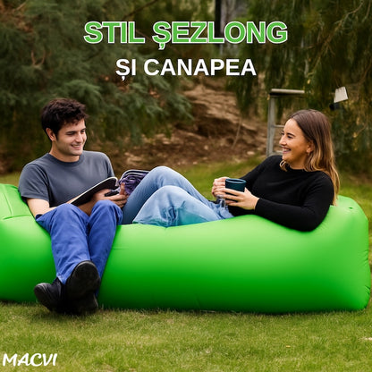 Saltea gonflabila tip sezlong Lazybag Macvi®, material rezistent, umflare fara pompa, pentru plaja/picnic/camping, rucsac de depozitare, 190 x 70 cm, verde