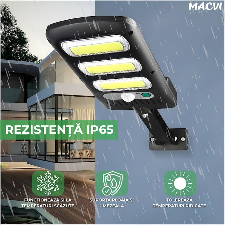 Aplica LED Exterior Macvi® Solara cu 150 COB, Senzor Miscare si Lumina, Panou Solar 1.5W, 2400mAh, IP65, 6500K, Autonomie 6-10 Ore, Unghi Lumina 120°