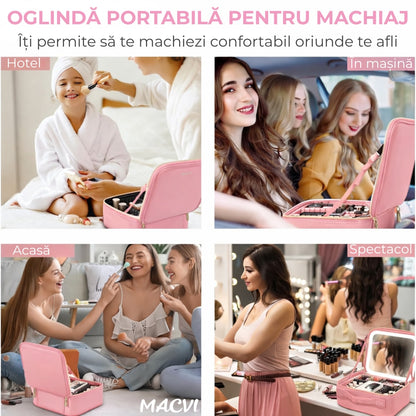 Organizator Machiaj cu Oglinda LED Macvi® 2000mAh, 3 Temperaturi Lumina, 76 LED, Compartimente Reglabile Rotire 360°, Incarcare USB, Geanta Cosmetice Impermeabila, Roz, 27x24x11 cm