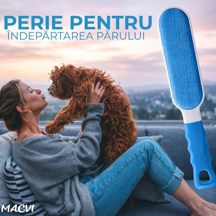 Set 2 Perii Speciale Macvi® pentru Indepartarea Parului de Animale de Pe Haine si Tapiterii, Sistem de Autocuratare, Perie de Dimensiuni Reduse Ideala pentru Calatorii, Alb/Albastru