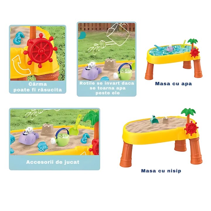 Masa de apa 2 in 1 Macvi® pentru copii, cu 8 accesorii interactive, multicolor, recomandata 3 ani+