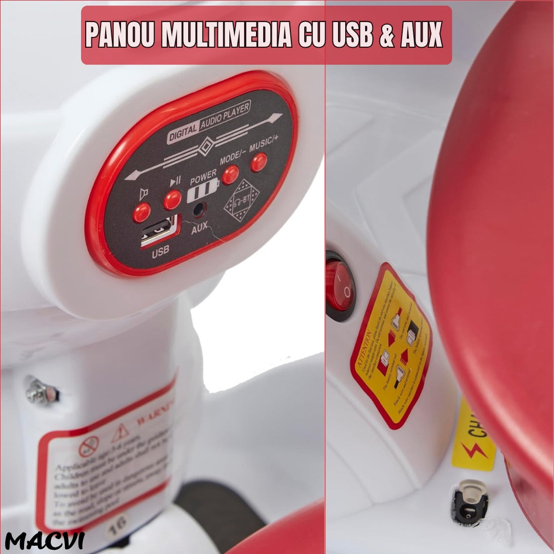Masinuta electrica Macvi® copii 3-6 ani, telecomanda & control manual, 6V 7A, roti 360°, lumini LED, sunete realiste, centura siguranta, alb/visiniu