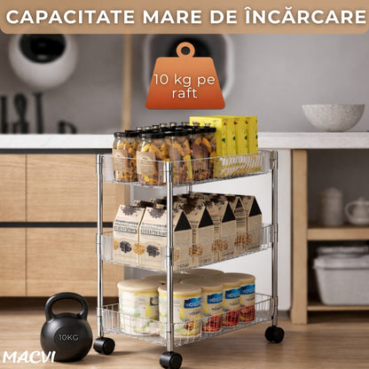 Raft depozitare Macvi® mobil cu 3 rafturi acrilice ingust cu roti pentru bucatarie baie si spatii mici 41 x 16 x 60 cm