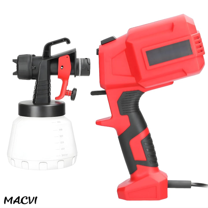 Pistol vopsit electric Macvi® 500W rezervor 800ml, rosu, viteza reglabila 32000rpm, 3 moduri de pulverizare, pulverizare fina, duze interschimbabile pentru interior tavan gard lac lemn metal