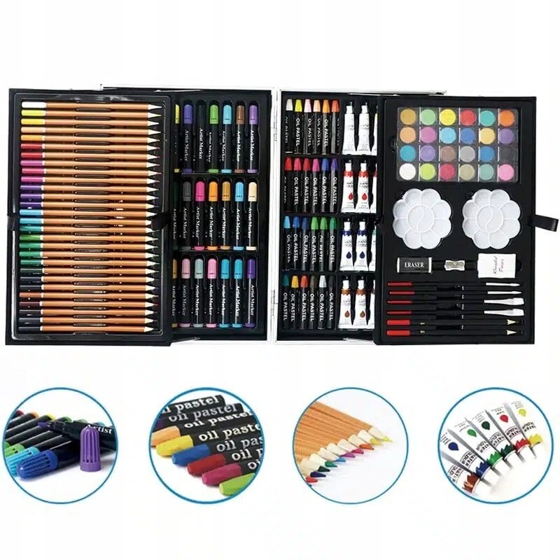 Set pentru pictura si desen MACVI, 145 piese, cutie metalica albastra, pentru copii, 38x26x4cm