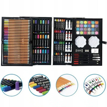 Set pentru pictura si desen MACVI, 145 piese, cutie metalica albastra, pentru copii, 38x26x4cm