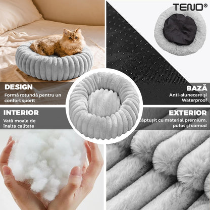 Pat Animale Teno®, captusit, moale, pufos si calduros, pentru caini si pisici, diametru 60 cm, baza anti-alunecare, design dungat, gri