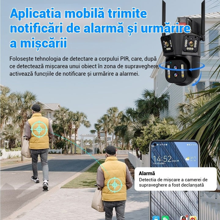 Camera Supraveghere WiFi Tripla Macvi® 4MP HD IP66 Rotire Inteligenta Zoom 4X Vedere Nocturna Color Audio Bidirectional Alarma