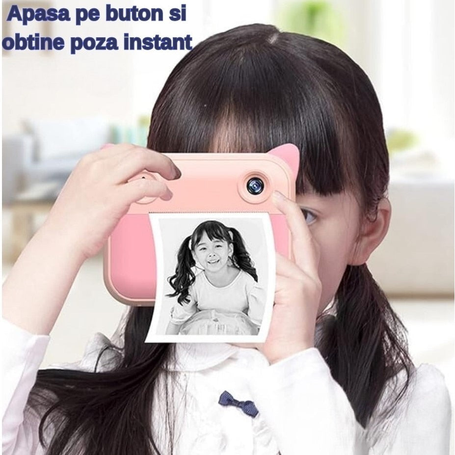 Aparat Foto pentru Copii Macvi® cu Imprimare Instant, Ecran 2.4 inch, 20 Mpx, Full HD 1080P, Selfie, Jocuri, Reincarcabil, 1 rola hartie inclusa, Roz