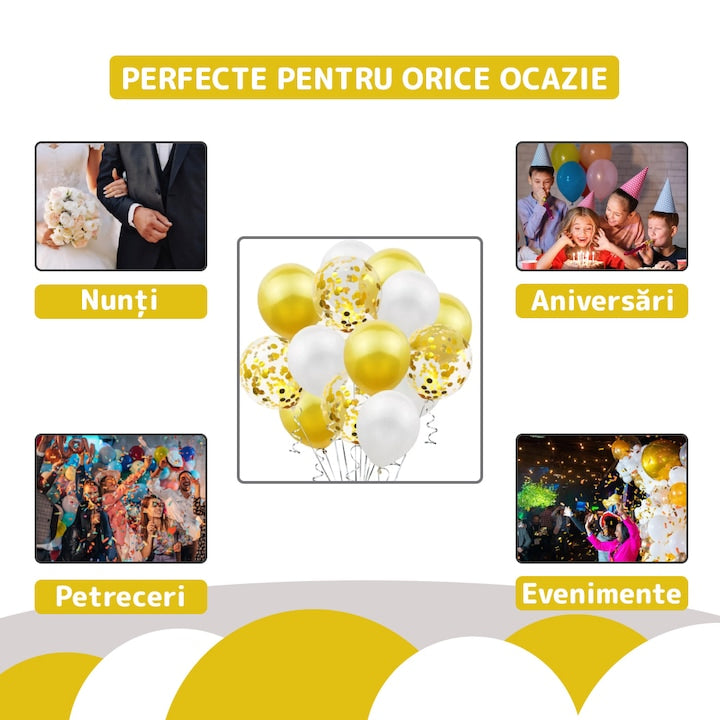 Set 15 Baloane Teno®, Confeti, pentru Petreceri/Aniversari/Evenimente, o singura dimensiune, 3 culori, latex, auriu/alb/transparent