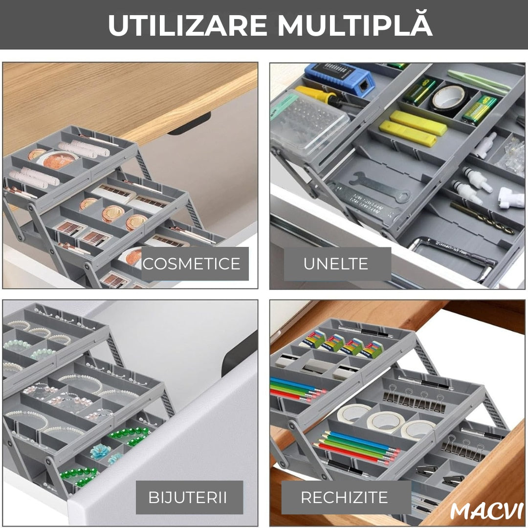 Macvi® Organizator Sertar Extensibil pe 3 nivele pentru Bijuterii si Cosmetice, 24, 13 x 19, 05 x 6, 99 cm, Negru, Sistem Reglabil cu Compartimente