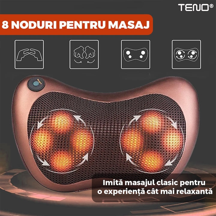 Aparat pentru Masaj Tip Perna Teno®, shiatsu, pentru masaj cervical sau lombar, priza auto sau normala, bile cu infrarosu, terapie cu incalzire, portabila, doua sensuri de rotire, elastic tetiera auto, 30 W, rosu