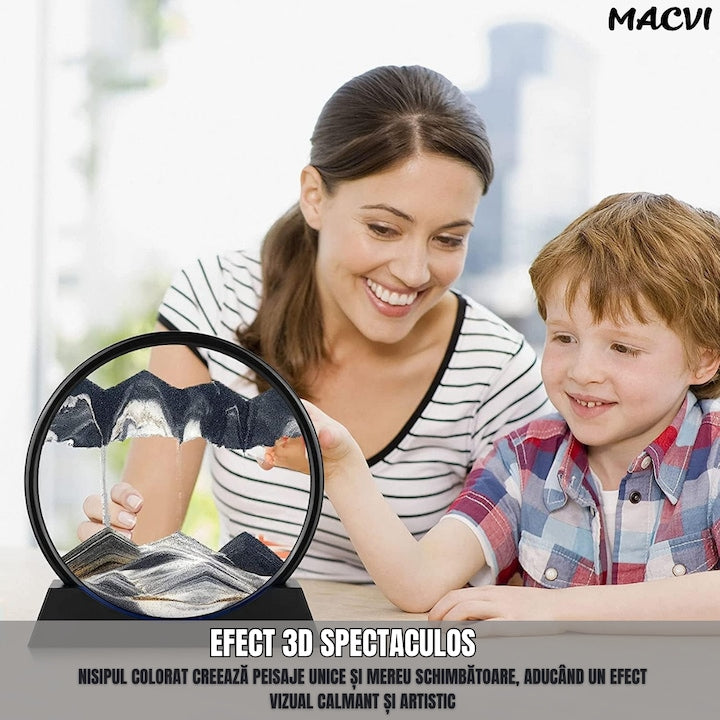 Obiect decorativ Macvi® cu efect 3D din nisip, masa rotativa 360°, baza din plastic, sticla si nisip, 18x19 cm, Negru