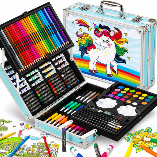 Set pentru pictura si desen MACVI, 145 piese, cutie metalica albastra, pentru copii, 38x26x4cm