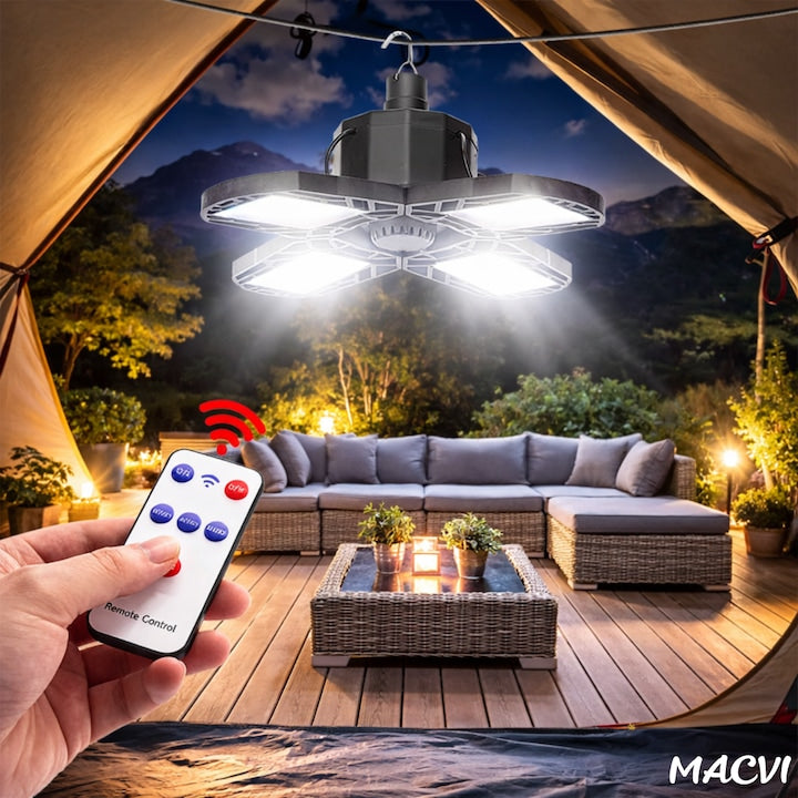 Lampa Solara de Exterior Macvi® XF-702, 104 LED SMD, 5 Moduri Iluminare, Reglabila cu 4 Clape, Alimentare Solara/USB, Telecomanda Inclusa