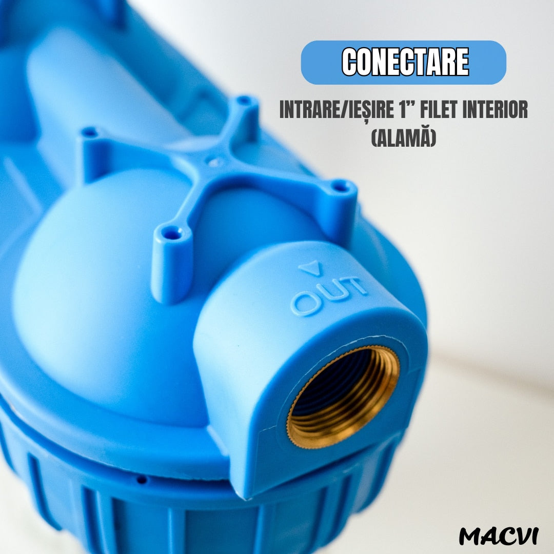 Sistem de Filtrare Apa Macvi® Triplu 3/4", 3 Trepte cu Carbone Activ, Bumbac si Sita, Microfiltrare 5 Microni, 34.5 cm, Alb/Albastru