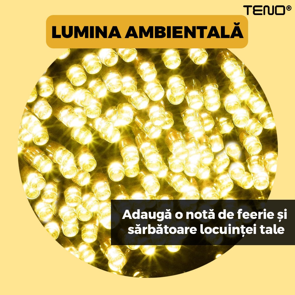Instalatie de Craciun Liniara cu Panou Solar Teno®, 10 m, 8 jocuri de lumini, alimentare la priza, fir verde, interior/exterior, rezistenta la apa, 100 LED-uri, alb cald