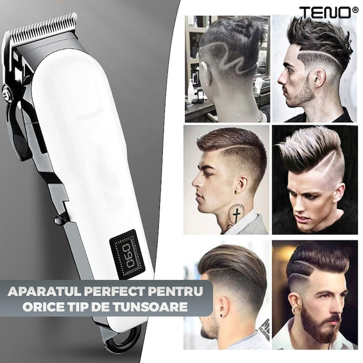 Aparat de tuns barba Teno®, afisaj digital, 4 piepteni inclusi, incarcare la retea, lame ascutite, usor de curatat, trimmer profesional, alb