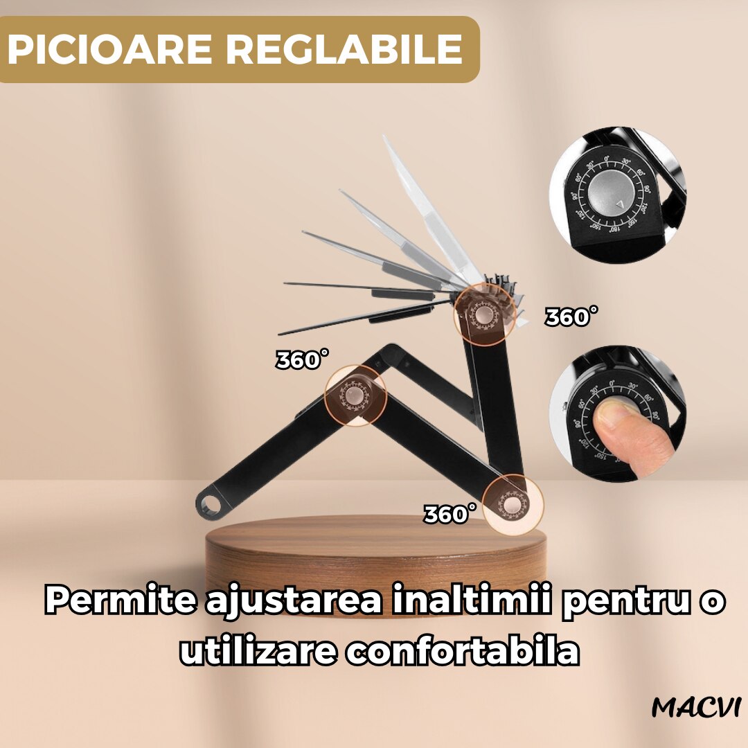 Masa Laptop Multifunctionala Macvi® T8 cu Picioare Reglabile, Cooler Integrat cu 2 Ventilatoare, 42 cm x 26 cm, Negru