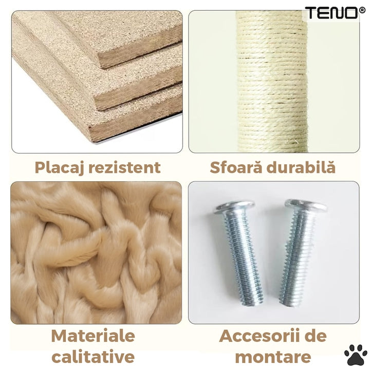 Ansamblu de Joaca pentru Pisici Teno®, tip turn, 1 platforma de observatie, 4 niveluri, 1 casuta, scara, franghie si mingiute de joaca, stalpi pentru zgariat, captuseala extra moale, structura stabila, 118 cm, bej