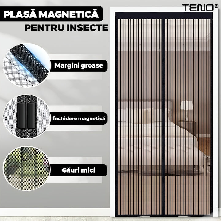Plasa pentru Usa cu Inchidere Magnetica Teno®, anti-insecte, tanrari, muste, paianjeni, montare velcro, materiale calitative, rezistenta, 185x104 cm, negru
