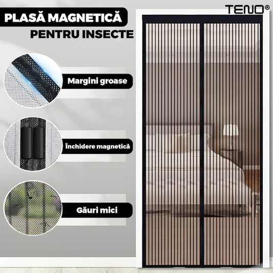 Plasa pentru Usa cu Inchidere Magnetica Teno®, anti-insecte, tanrari, muste, paianjeni, montare velcro, materiale calitative, rezistenta, 185x104 cm, negru
