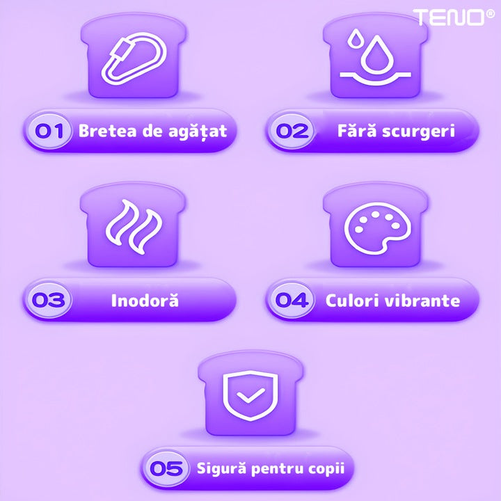 Sticla de Apa pentru Copii Teno®, forma de toast, fara BPA, anti-scurgere, usor de curatat, curea reglabila inclusa, pentru copii, 380 ml, mov