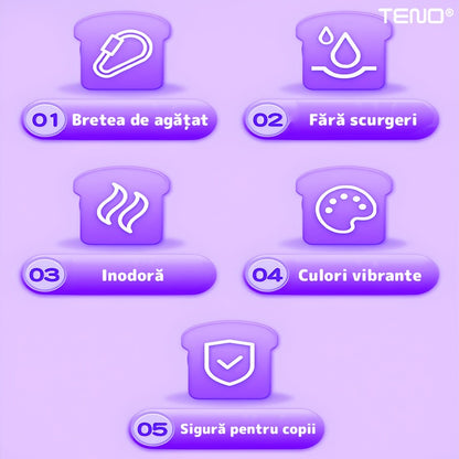 Sticla de Apa pentru Copii Teno®, forma de toast, fara BPA, anti-scurgere, usor de curatat, curea reglabila inclusa, pentru copii, 380 ml, mov