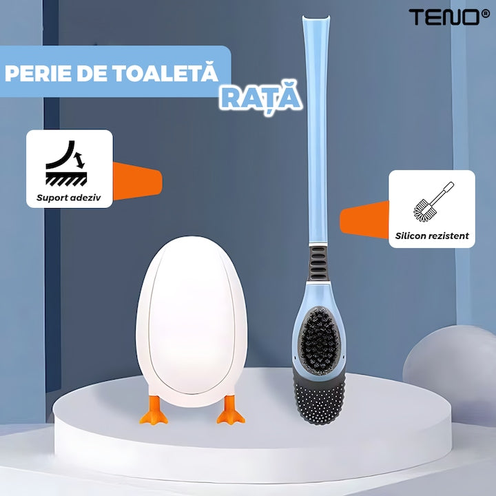 Perie pentru Toaleta Ratusca Teno®, din silicon, model adorabil, carcasa ou, suport adeziv montabil pe orice suprafata, 2 capete, capat cioc din silicon, capat cu peri pentru pete, albastru
