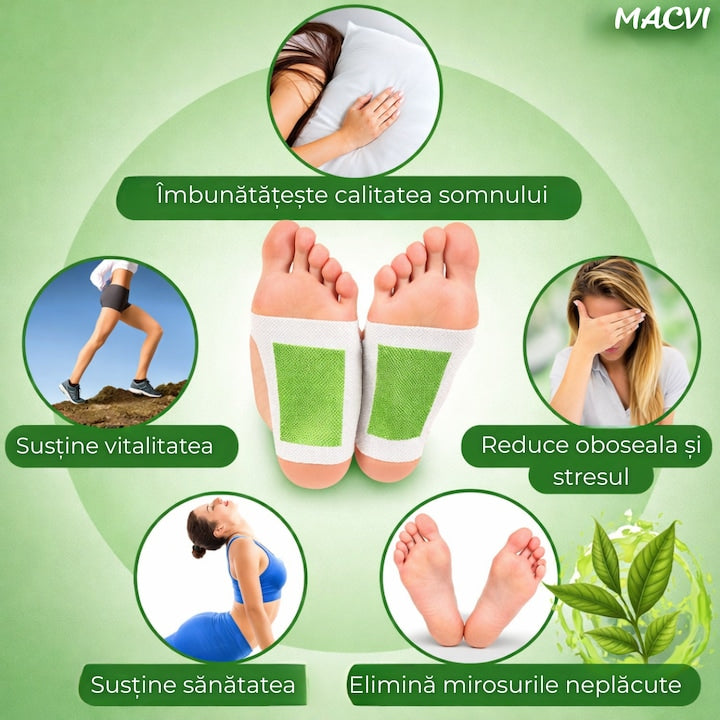 Set 10 Plasturi Plasturi Detox KINOKI Macvi® pentru Picioare cu ceai verde, Detoxifiere Naturala, Eliminare Toxine, Reducere Miros Neplacut, Imbunatatire Somn, Relaxare si Revitalizare