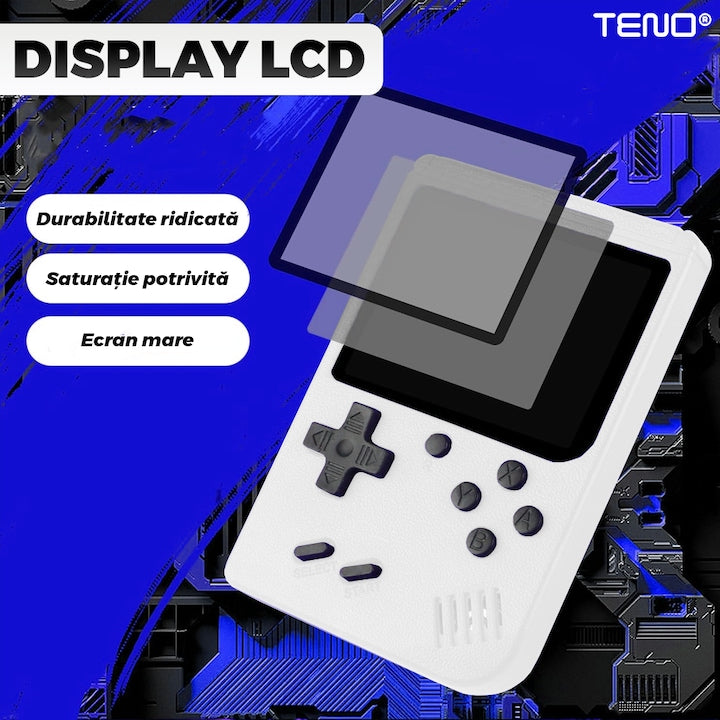 Mini Consola Jocuri Retro Game Box Teno®, SR-90, 400 in 1, rotita volum, portabila, cablu AV, incarcare USB-MINI, autonomie ridicata, 11x8 cm, alb
