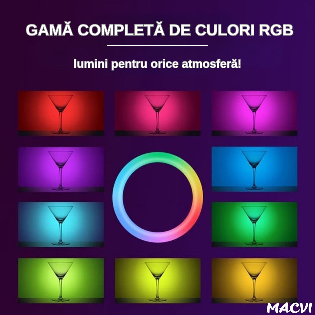 Lampa circulara RGB LED Macvi® 45 cm, 20 moduri de lumina, cu suport de telefon, cablu de incarcare USB si telecomanda inclusa pe fir cu reglare a intensitatii
