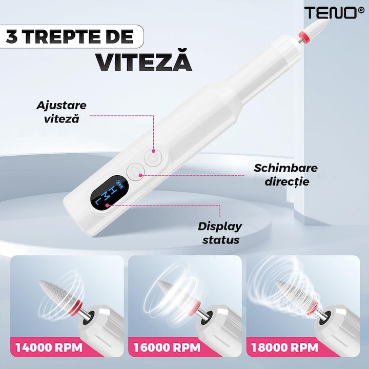 Pila Electrica Profesionala pentru Unghii Teno®, freza wireless, 18000 RPM, ecran LED, manichiura-pedichiura, 12 capete pentru pila, 36 benzi de slefurie, portabila, alba