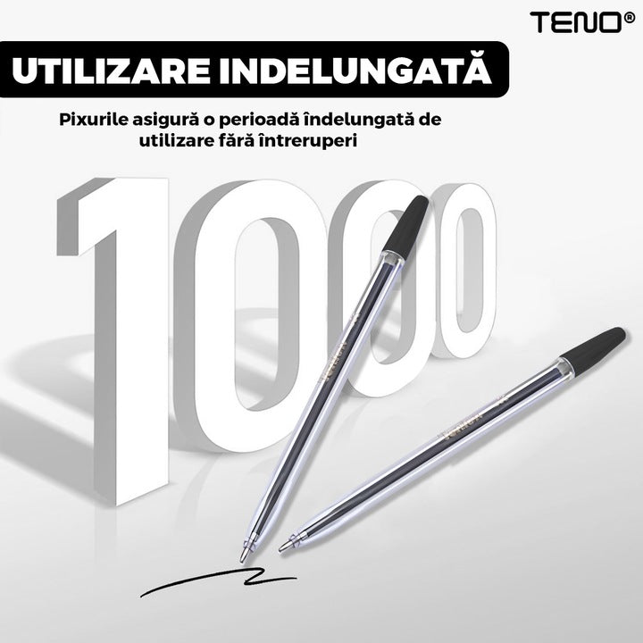 Set 50 de Pixuri Teno®, tip ballpoint, material rezistent, durabile, rezistente in timp, cap 0.7 mm, scriere neteda cu uscare rapida, cu capac, corp de plastic, negru
