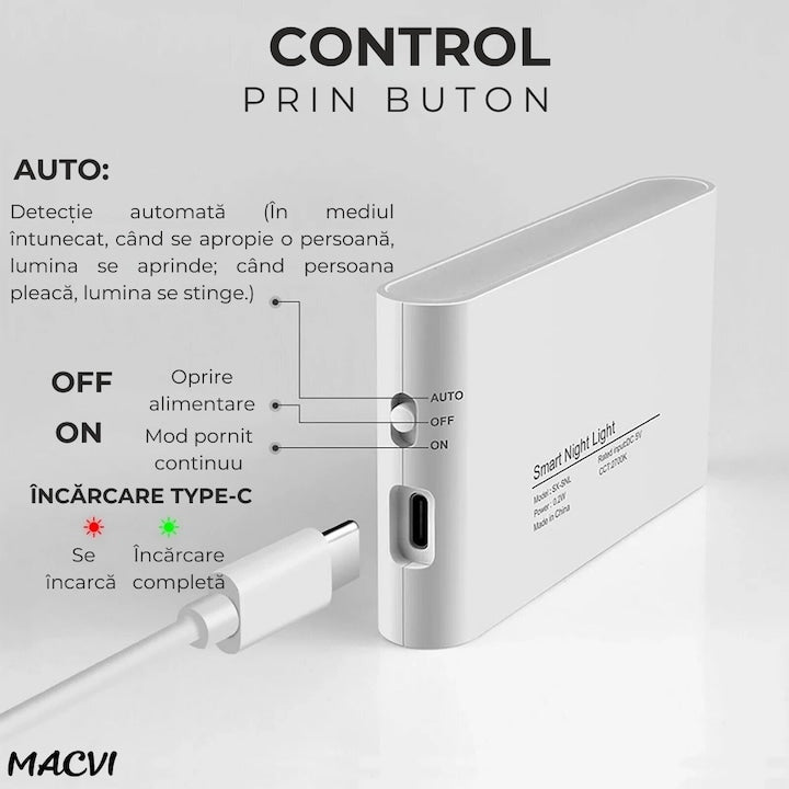 Lampa veghe Macvi® dreptunghiulara pentru perete cu senzor de miscare si senzor crepuscular, LED 3000K cu iluminare laterala, reincarcare USB-C pentru baie, dormitor si scari, 1 buc