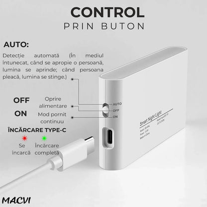 Lampa veghe Macvi® dreptunghiulara pentru perete cu senzor de miscare si senzor crepuscular, LED 3000K cu iluminare laterala, reincarcare USB-C pentru baie, dormitor si scari, 1 buc