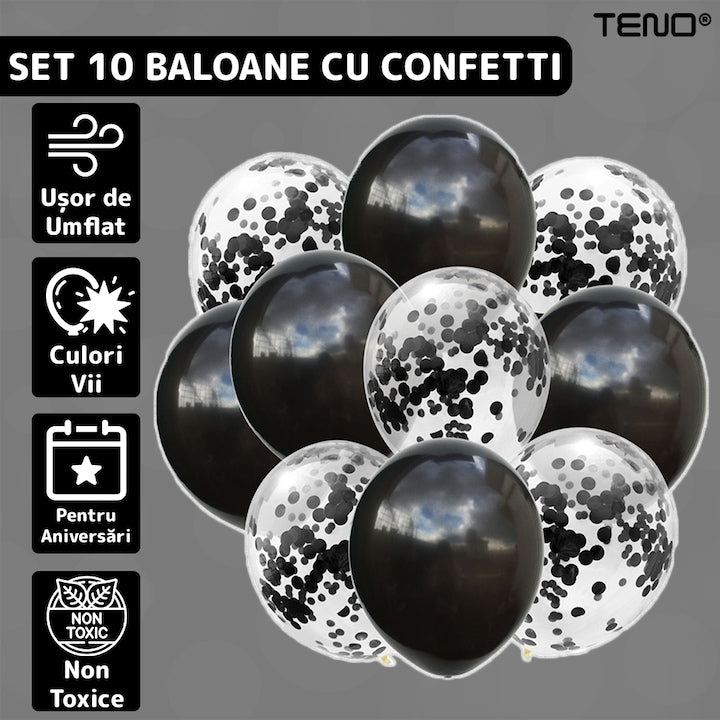 Set 10 Baloane Teno®, Confeti, pentru Petreceri/Aniversari/Evenimente, o singura dimensiune, 2 culori, latex, negru