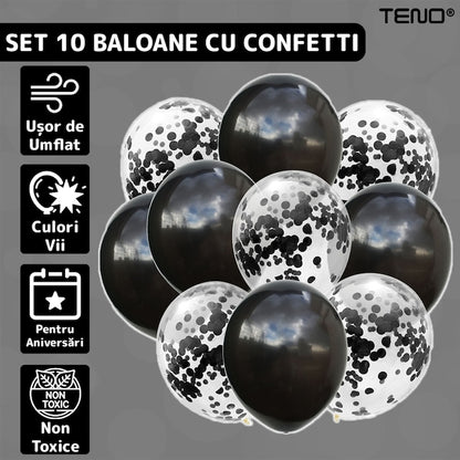 Set 10 Baloane Teno®, Confeti, pentru Petreceri/Aniversari/Evenimente, o singura dimensiune, 2 culori, latex, negru