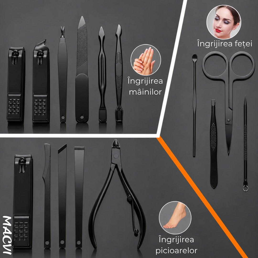 Set manichiura pedichiura Macvi® 15 piese din inox cu husa din piele ecologica si interior de velur sintetic rosu pentru ingrijirea completa a unghiilor