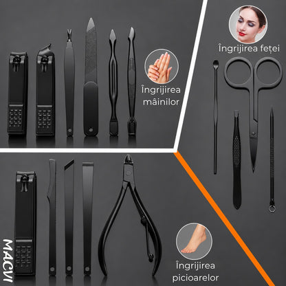 Set manichiura pedichiura Macvi® 15 piese din inox cu husa din piele ecologica si interior de velur sintetic rosu pentru ingrijirea completa a unghiilor