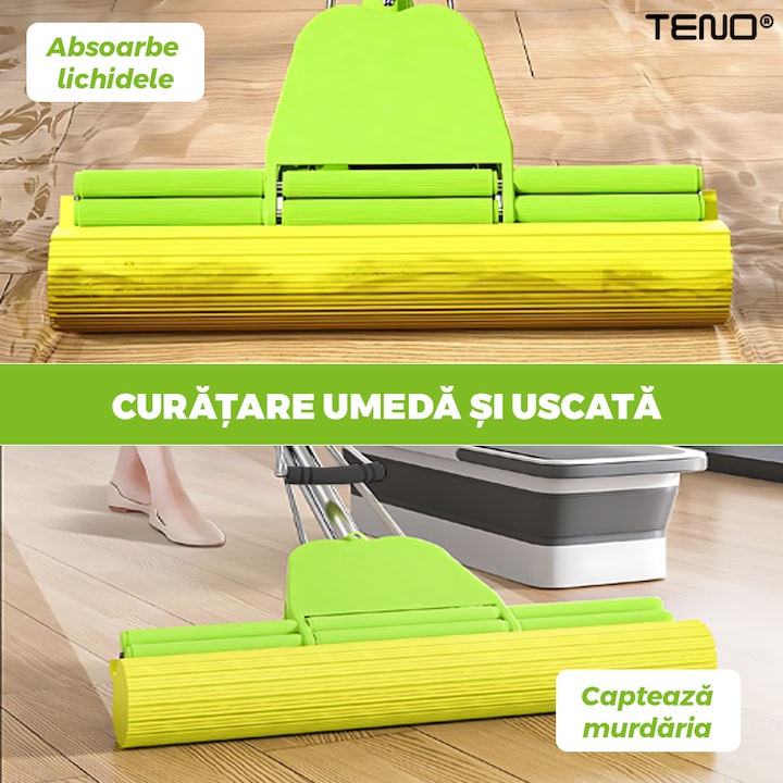 Mop cu PVA Teno®, sistem de stoarcere integrat, coada telescopica, laveta rezistenta, curatare usoara, absorbtie eficienta, captare a prafului, 120 cm, galben/verde