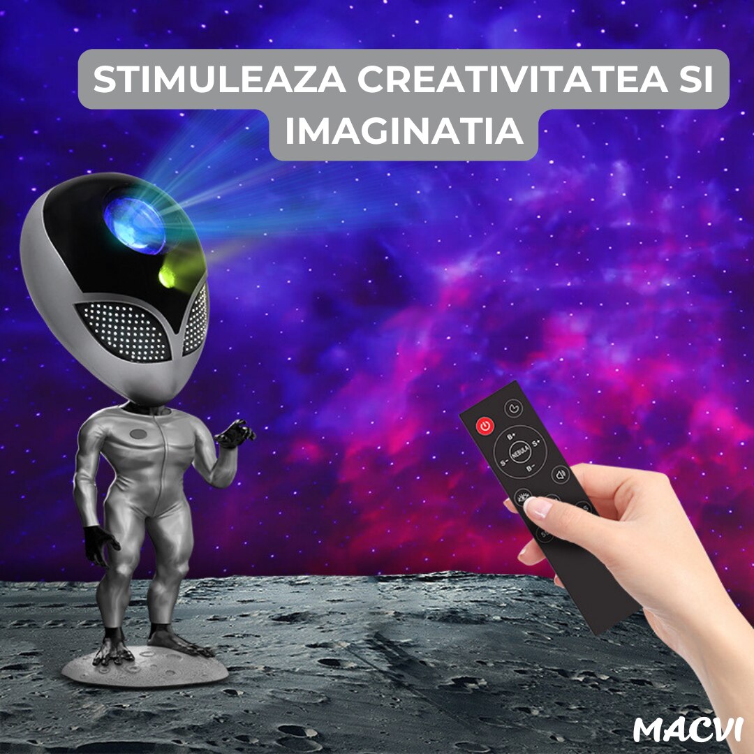 Proiector de Stele Macvi® Tip Alien, Galaxie Stelara, LED cu Telecomanda si Sistem Dialog Vocal, Argintiu