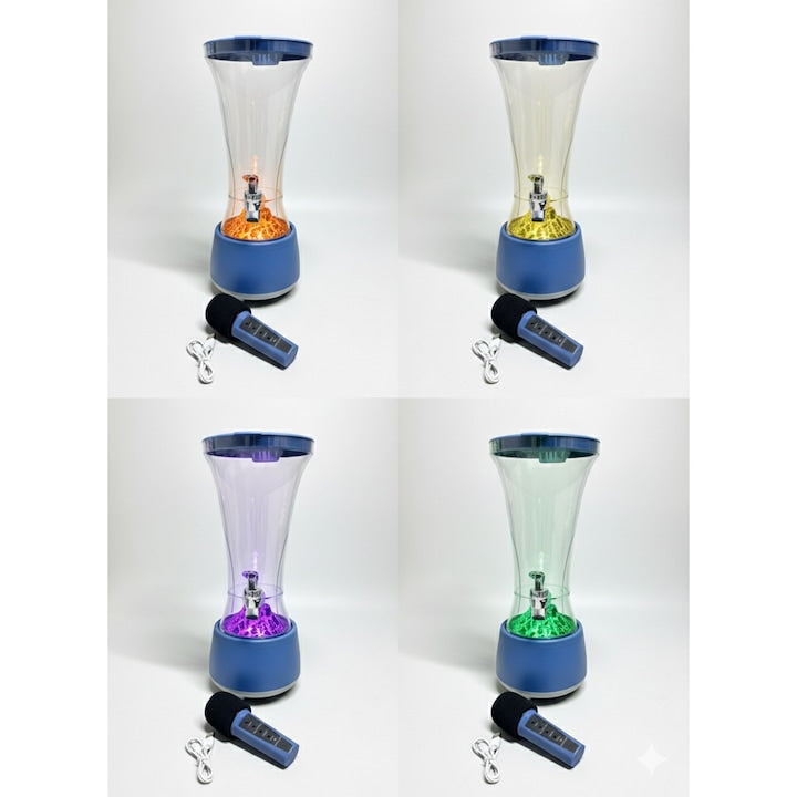 Dozator de Bauturi 3 in 1 Macvi®, 1.5L, Boxa Bluetooth 5.0, Sistem Karaoke cu Microfon, Lumini LED RGB, Robinet Integrat, Transparent, pentru Petreceri