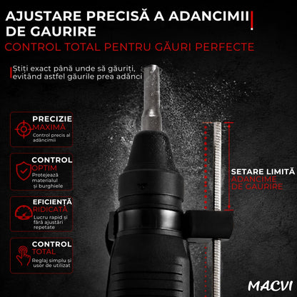 Rotopercutor Macvi 2650W SDS Plus, 3 moduri, 1300 RPM, pentru beton, lemn, zidarie, kit burghie si dalta