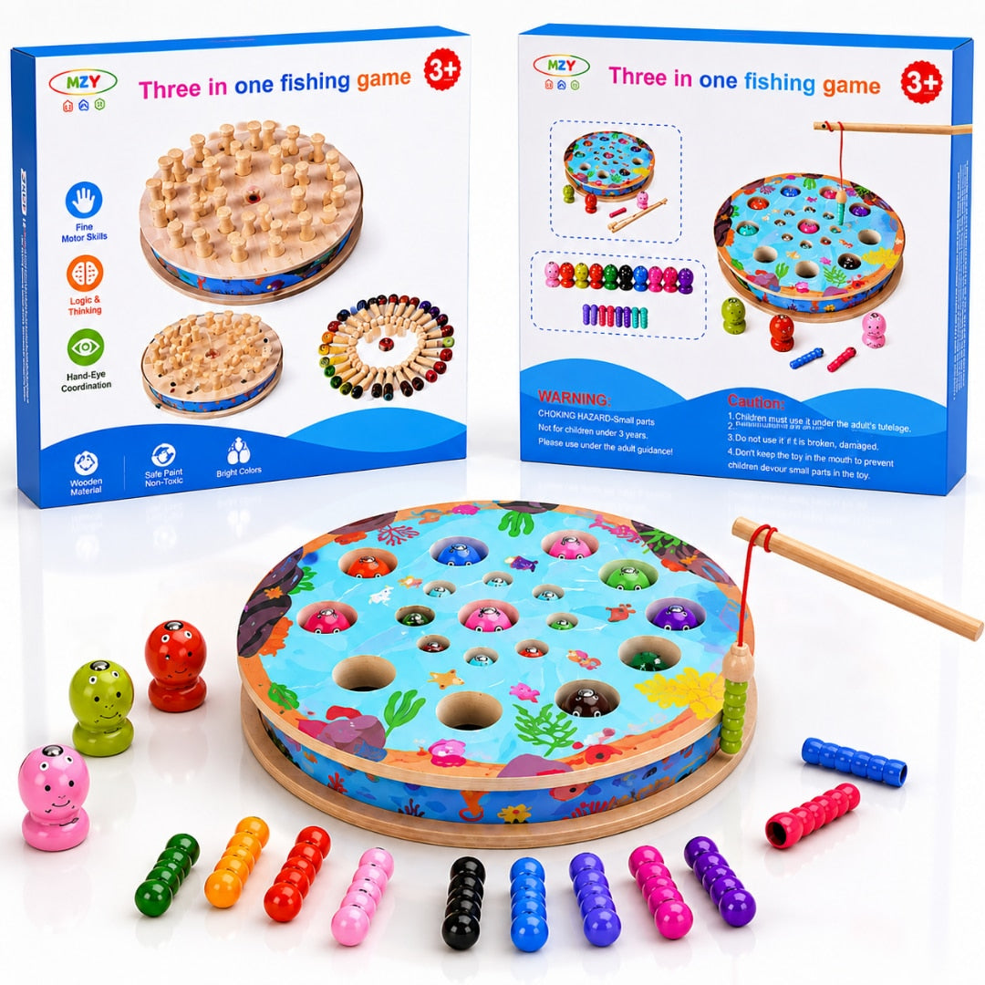 Joc Educativ din Lemn Sosar® 3 in 1 Pescuit Magnetic Sah si Sortare Culori Dezvolta Coordonarea Mana Ochi Abilitatile Cognitive si Motricitatea Fina