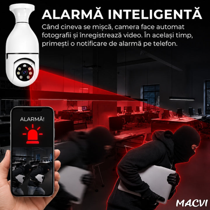 Camera de Supraveghere WiFi Macvi® Tip Bec E27, PTZ 360°, Full HD 1080P, 2MP, Vedere Nocturna Color, Detectare Miscare si Sunet, Audio Bidirectional, iCSee, Slot Card MicroSD 128GB, Alb