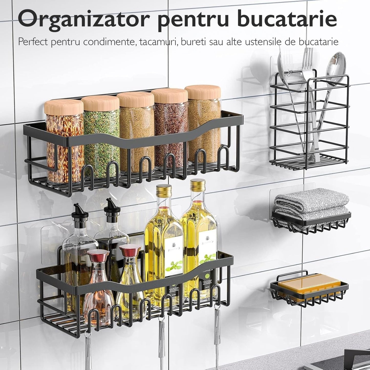 Set 5 Rafturi Organizatoare Macvi® pentru Baie si Bucatarie, Inox Negru, Montaj Fara Gauri, Suport Sapun, Periute si Gel de Dus, Design Modern si Durabil